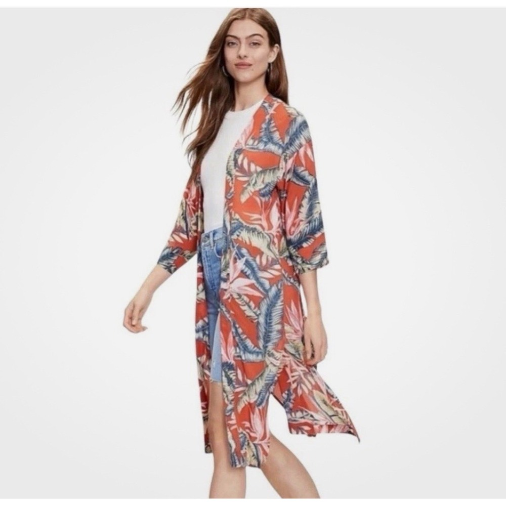 LOFT NWT Women Orange Tropical Floral Kimono Wrap Cardigan Cover Up M/L